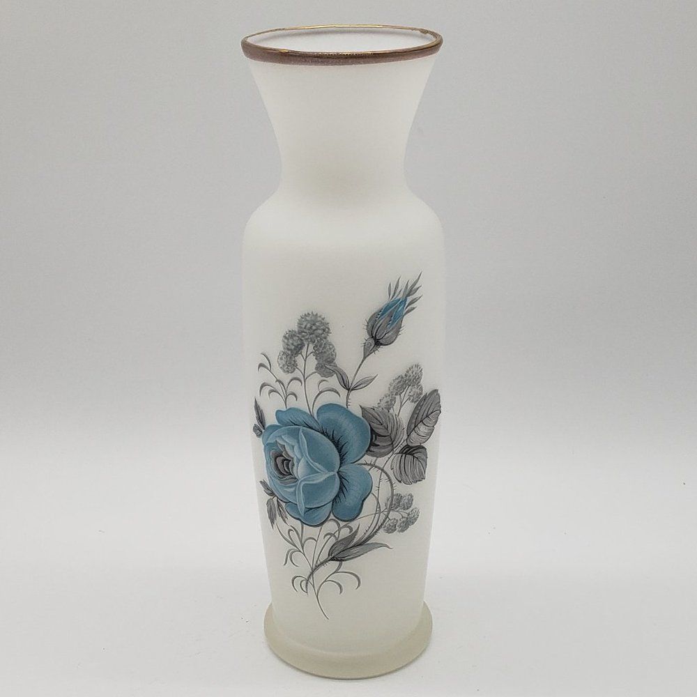 Norleans Vintage Satin Milk Glass Blue Roses Grey Leaves Gold Gilt Vase